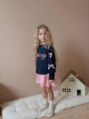 BeU Kids Kız Çocuk Fiyonk Detaylı Lacivert Üst ve Kumaş Dokuma Duble Pembe Etek Takım