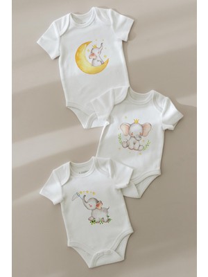 Lilabio %100 Organik Pamuk 3lü Baskılı Kısa Kollu Bebek Body - Sevimli Fil