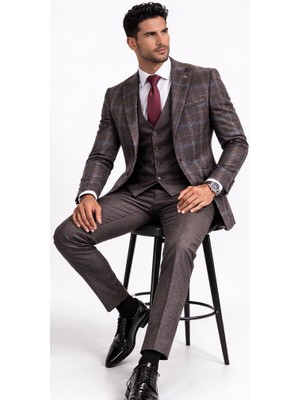 Fabio Cassel Slim Fit Kombinli   Mono Yaka Çift Yırtmaçlı Astarlı Takım Elbise Yelekli