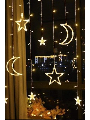 Magicledcorner Ay ve Yıldız LED Işık Perde 3 Metre Uzunlukta 12 Sarkıt ile Dekoratif Aydınlatma