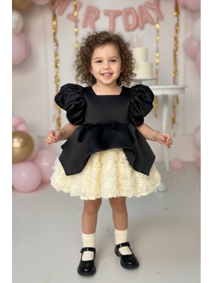 Bertuğ Bebek Ekru Güllü Siyah Saten Kabarık Kız Çocuk Bebek Abiye Elbise