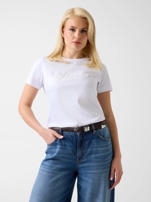 Guess Kısa Kollu Bisiklet Yaka 3D Guess Yazılı Kadın Beyaz T-Shirt W6GI08K3023-G011