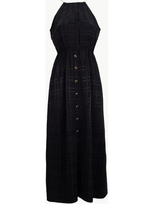Fabrika Halter Yaka Jakarlı Siyah Maksi Kadın Elbise F6SL-ELB0363