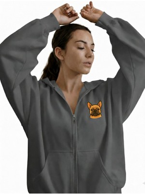 Muhtar Store Kadın French Bulldog Baskılı Oversize Fermuarlı Hoodie
