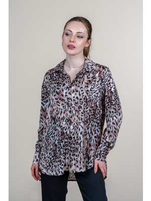 MissVina Leopar Desen Uzun Kollu Saten Gömlek 70018