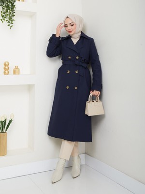 KMK Kombin Kadın Arkası Baskılı Yırtmaçlı Düğmeli Trençkot