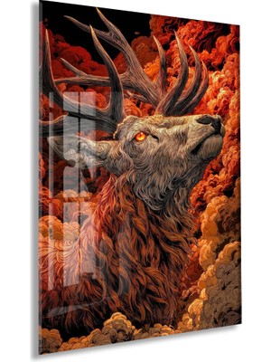 Asaletin Sembolü Geyik Cam Tablo – Ateş Tonlu Lüks Duvar Dekoru- PEONY082