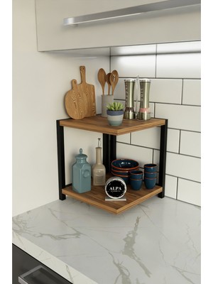 Alpa Ev Mobilya Iki Raflı Mutfak Köşe Kare Düzenleyici Raf Metal Gövdeli Çok Amaçlı Mutfak Standı Baharatlık
