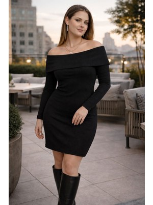 Büyük Beden Madonna Yaka Likralı Kaşkorse Mini Elbise Klasik Stil Özel Olaylar İçin Siyah