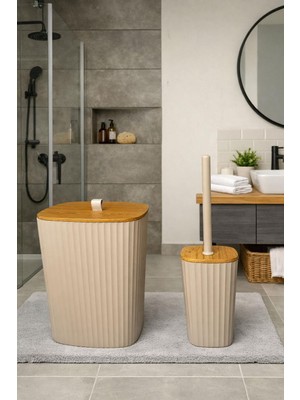 Okyanus Home Safir Yapışkanlı Ahşap Detaylı Wc Fırçalık ve Çöp Kovası Seti Vizon 2'li Banyo Seti