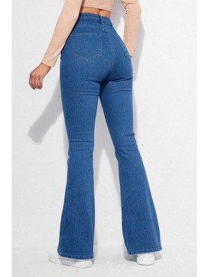 Lenithra Kadın Yüksek Bel İspanyol Paça Power Likra Kot Denim Jean