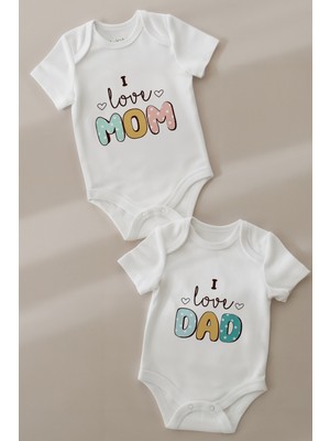 Lilabio %100 Organik Pamuk 2li Baskılı Kısa Kollu Bebek Body-Mom-Dad Ekru Renkli Rahat Tasarım
