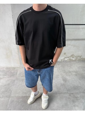 Difransel Jeans Erkek Şerit Detaylı Bisiklet Yaka Oversize T-Shirt