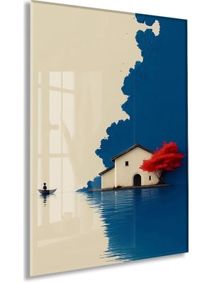 Minimal Göl Evi Manzarası – Kırmızı Ağaçlı Modern Duvar Tablosu - PEONY133