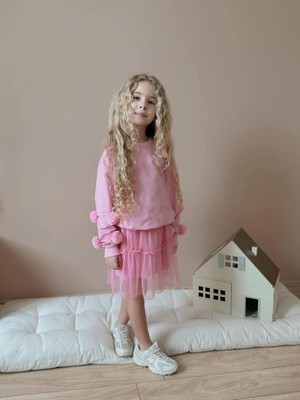 BeU Kids Kız Çocuk Ponpon Detaylı Likralı Üst ve Kumaş Tül Iç Astarlı Etek Takım