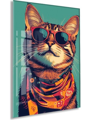 Gözlüklü Hipster Kedi Cam Duvar Tablosu – Modern ve Cool Tasarım - PEONY129