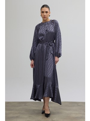 Vavinor Kuşaklı Jakar Elbise - Gri