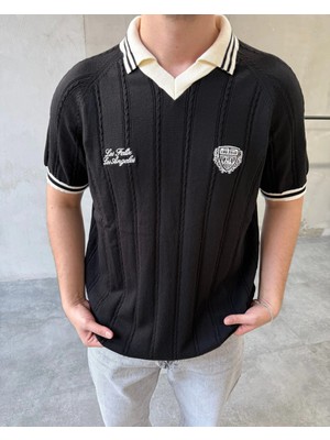 Difransel Jeans Erkek Sarmal Desen Çizgili Los Arma Nakışlı Polo Yaka Triko T-Shirt