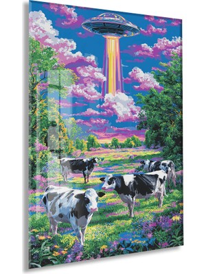 Ufo ve Renkli Tarlada Inekler – Fantastik Manzara Duvar Tablosu - PEONY128