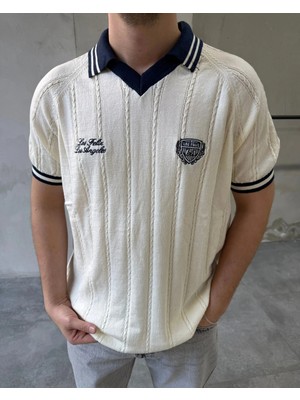 Difransel Jeans Erkek Sarmal Desen Çizgili Los Arma Nakışlı Polo Yaka Triko T-Shirt