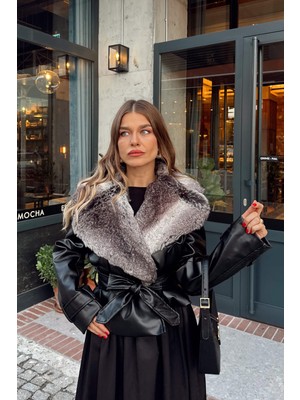Sue Store Siyah Degrade Kürk Yakalı Kemerli Deri Ceket