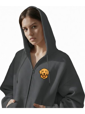 Muhtar Store Kadın Golden Retriever Baskılı Oversize Fermuarlı Hoodie
