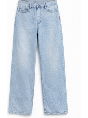 Markapia Kadın Yüksek Bel Wide Leg %100 Pamuk Buz Mavisi Jean Pantolon