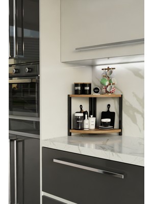 Alpa Ev Mobilya Iki Raflı Mutfak Köşe Oval Düzenleyici Raf Metal Gövdeli Çok Amaçlı Mutfak Standı Baharatlık