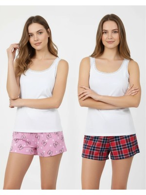 Bonbon Kadın Pamuklu Süs Dantelli  2 Takım 4 Parça Kalın Askılı Atlet ve Şortlu 2'li Takım BB2342