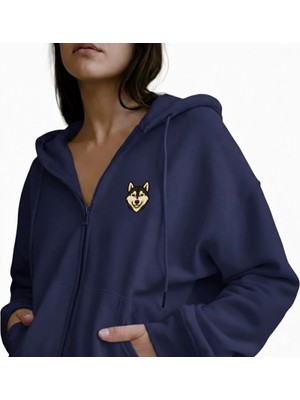 Muhtar Store Kadın Husky Baskılı Oversize Fermuarlı Hoodie