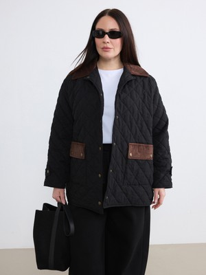 Soulife Büyük Beden Kadife Yaka Kapitone Kadın Mont