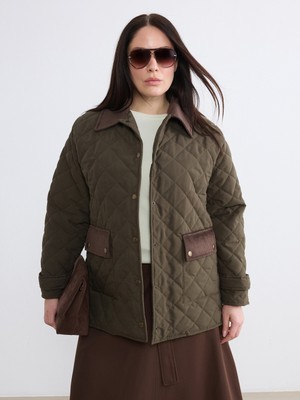 Soulife Büyük Beden Kadife Yaka Kapitone Kadın Mont