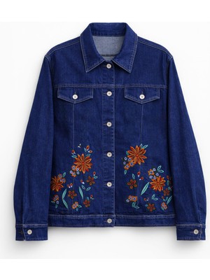 Markapia Kadın Koyu Mavi Çiçek Desenli Düğmeli Likralı Jean Ceket