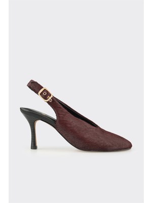 Elle Bordo Hayvan Desenli Deri Kadın Topuklu Ayakkabı