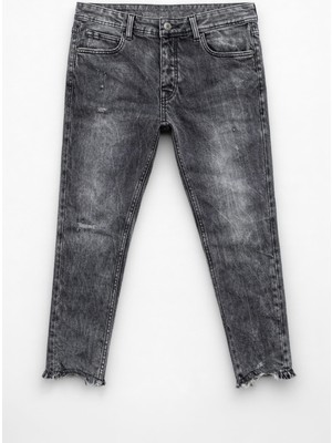 Markapia Kadın Gri Skinny Fit Püsküllü Paça Dar Kalıp Jean Pantolon