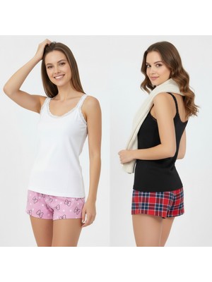 Bonbon Kadın Pamuklu Süs Dantelli  2 Takım 4 Parça Ince Askılı Atlet ve Şortlu 2'li Takım BB2344