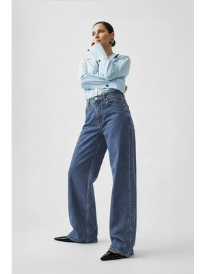 Markapia Kadın Mavi Yüksek Bel Wide Leg Jean Pantolon