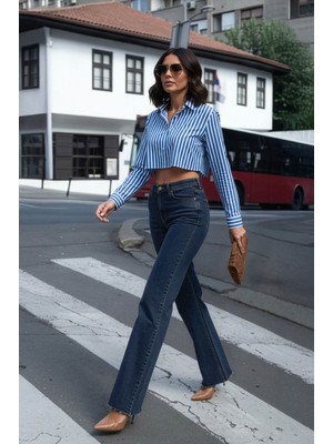 Markapia Kadın Yüksek Bel Düz Kesim Paça Detaylı Lacivert Jean Pantolon
