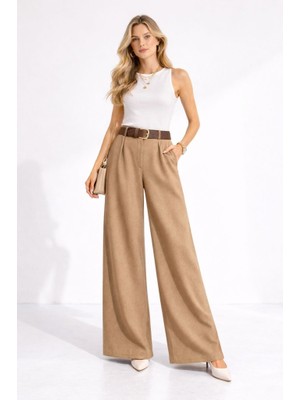 CGA Kadın Pantolon Beli Kalın Kemer Palazzo Pantolon Yün Efekt