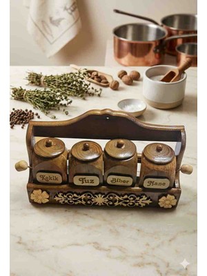 Bereket Taş Baskı Ahşap 4'lü Otantik Baharatlık Takımı