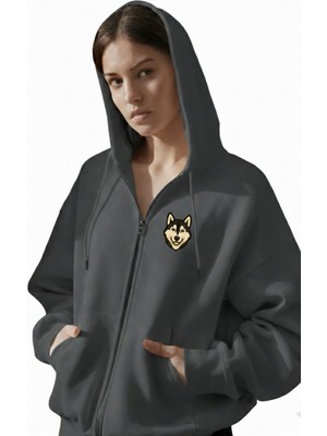 Muhtar Store Kadın Husky Baskılı Oversize Fermuarlı Hoodie