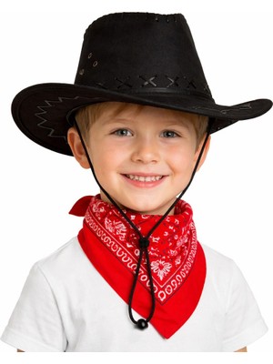 Çocuk Kovboy Şapka Siyah &amp; Kırmızı Bandana Fular Seti