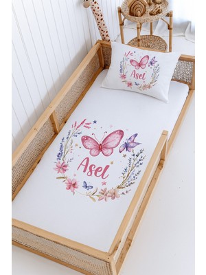 Lilabio %100 Pamuk Isme Özel Montessori Yatak Pike Seti 100X200 Kelebek Çiçek Çemberi