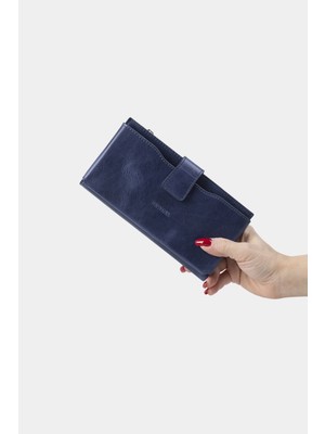 Massarelli x Rewina Hakiki Deri Kadın Portföy Cüzdan Kartlık ve Para Bölmeli Mavi MCZ9720