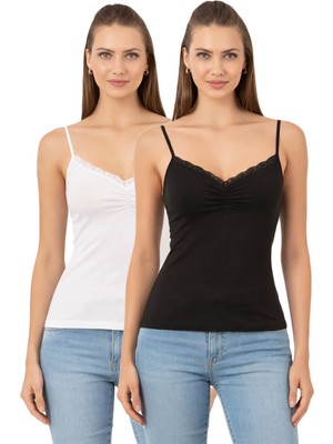 Özkan Underwear Özkan 3167 2'li Paket Kadın %95 Pamuklu Önü Büzgülü Dantelli Ip Askılı Penye Karışık Renk Atlet