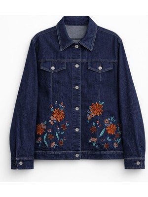 Markapia Kadın Lacivert Çiçek Desenli Düğmeli Likralı Jean Ceket