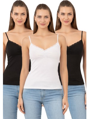 Özkan Underwear Özkan 3167 3'lü Paket Kadın %95 Pamuklu 2 Siyah 1 Beyaz Önü Büzgülü Dantelli Ip Askılı Penye Atlet