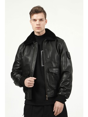 Dericlub Gerçek Deri Pilot Model Jumbo Erkek Kaban Uzun Kol Siyah Renk L Beden