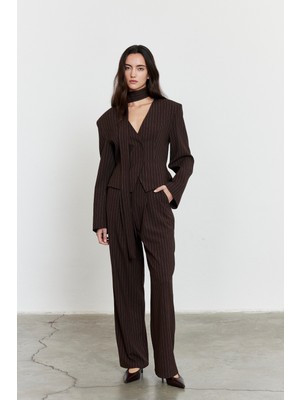 Facette Çizgili Yüksek Bel Palazzo Pantolon Acı Kahve