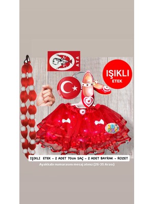 3b Kids 23 Nisan Işıklı Kırmızı Tütü Etek Kırmızı Babble Saç Kırmızı Babet Türk Bayrağı Rozet Seti